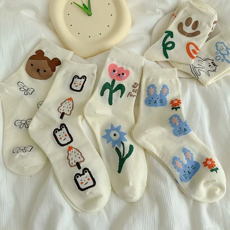 1/6 Pairs Cute Cartoon Hand-painted Smiling Face Women's Long Socks in Spring and Autumn College Style Sweet Girl Mid Tube Socks