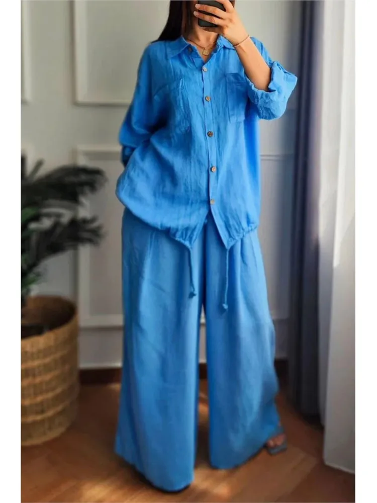 Autumn Fashion Cotton Hemp Two Piece Sets Women Lapel Neck Long Sleeve Drawstring Shirt Wide Leg Long Pants Casual Two Piece Set