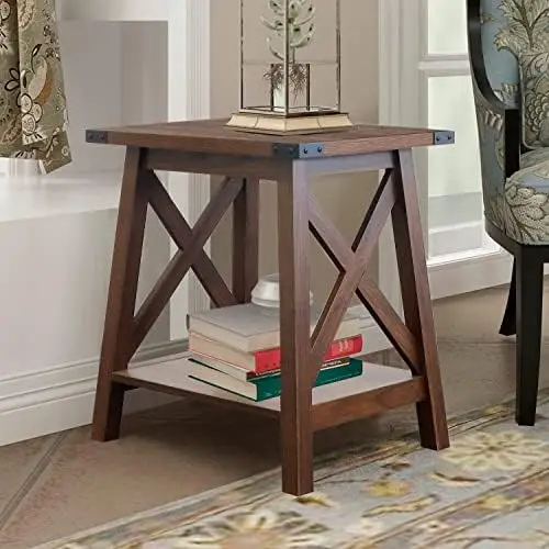 

End Table for Living Room, Farmhouse Accent Wood Nightstand for Bedroom with 2-Tier , White Oak