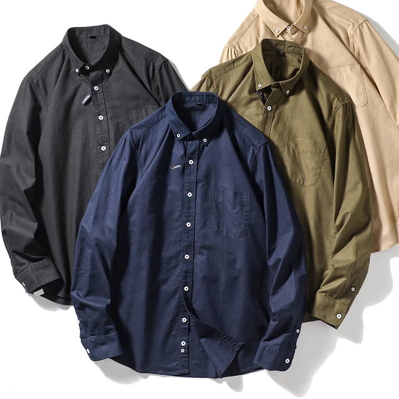 Spring Casual Long Sleeve Oxford Cloth Shirt Men's Spring Breathable Standard Fit Workwear Style Military Green Checkered Shirt