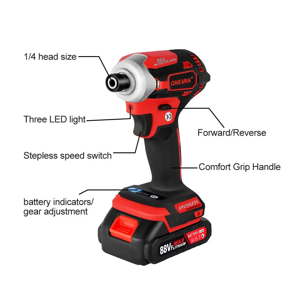 ONEVAN 588N.M Torque Brushless Electric Screwdriver 5 Speed Cordless Impact Drill With 3 LED Light Battery For Makita 18V Tool