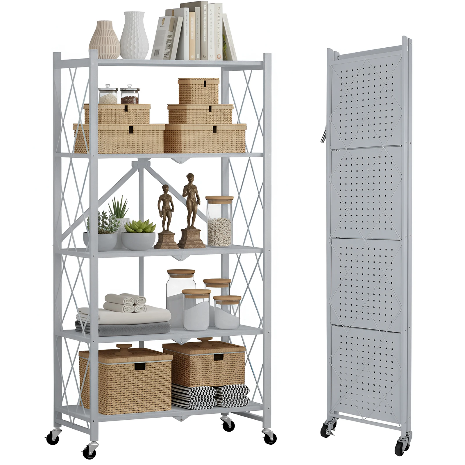 5-Tier Iron Storage Shelf Heavy Duty Metal Multi-Tier Shelving Unit Foldable with Wheels Garage Shelf Rack Pantry Organizer
