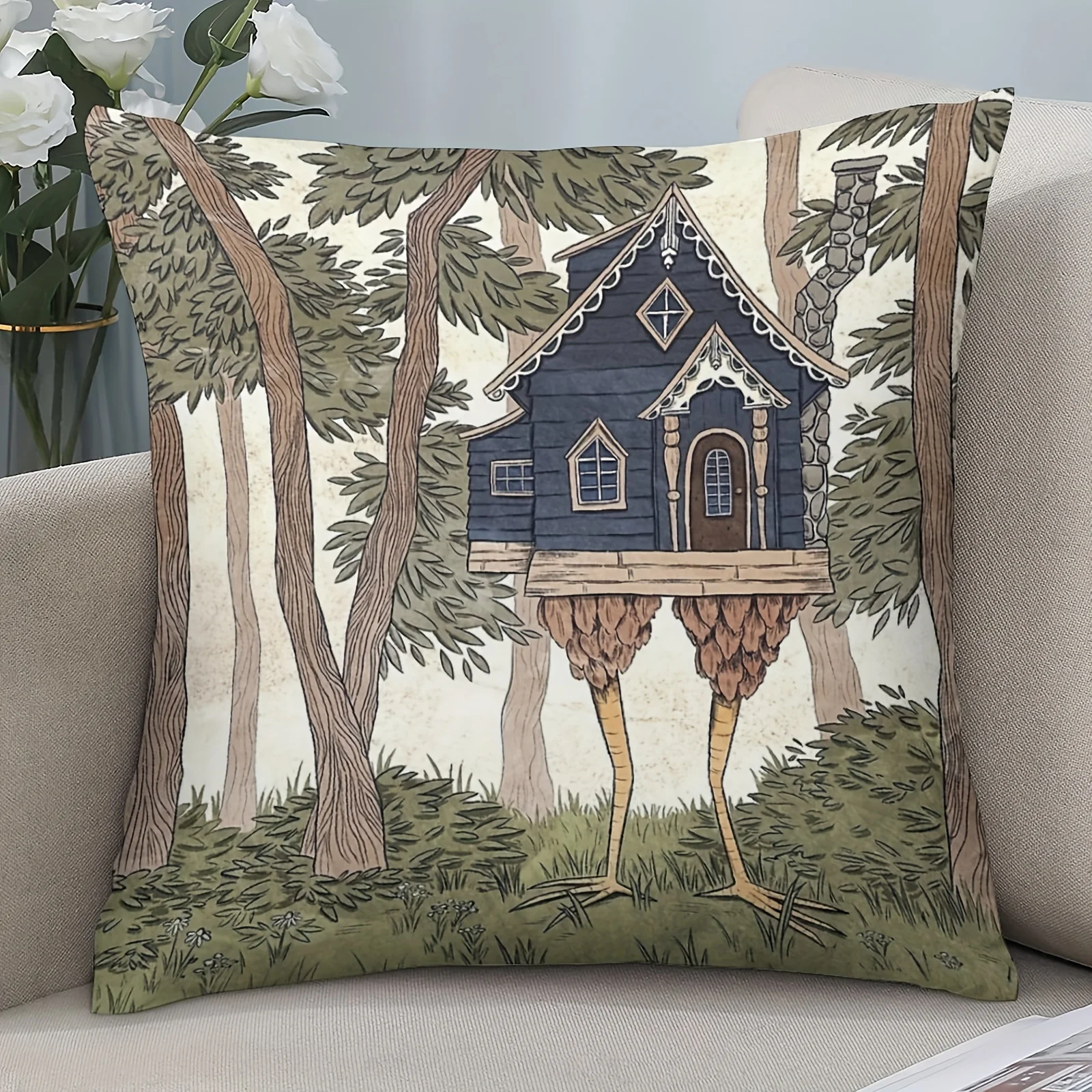 Pillow cover 45x45 Pillow case A vibrant forest scene, Babayaga's House Pillow Cover - Featuring Mushroom Legs with Zip Seal