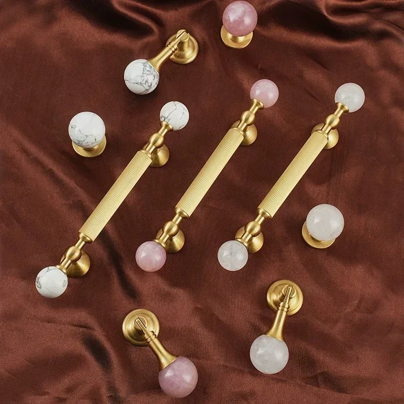 Peijian French Brass Crystal Stone Cabinet Handle Natural Stone Wardrobe Handle Light Luxury Kitchencupboard Door Drawer Handle