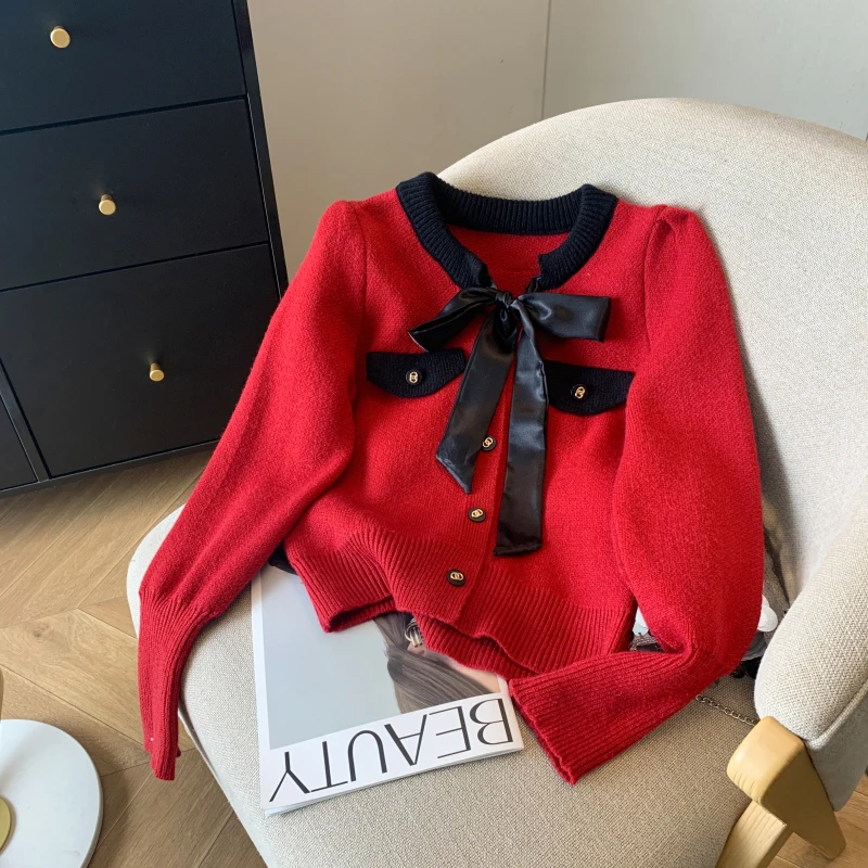 

Sweet Hot Girl Casual Bow Sweater Women's Autumn Slim-fit V-neck Knitted Cardigan Fashion Female Clothes