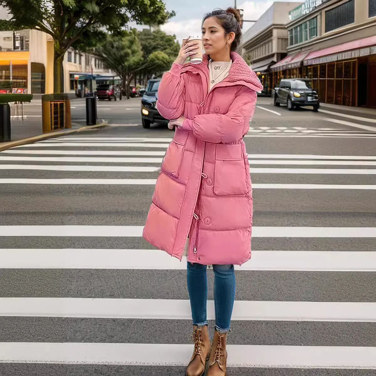 New Winter Women's Long and Loose Standing Collar Cotton Jacket, Casual Solid Color Jacket