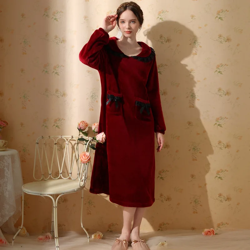 Women Long Sleeve Nightdress Sweet Velour Solid Color Nightgown Romantic Princess Sleepwear Nightwear Fairy Pockets Night Dress