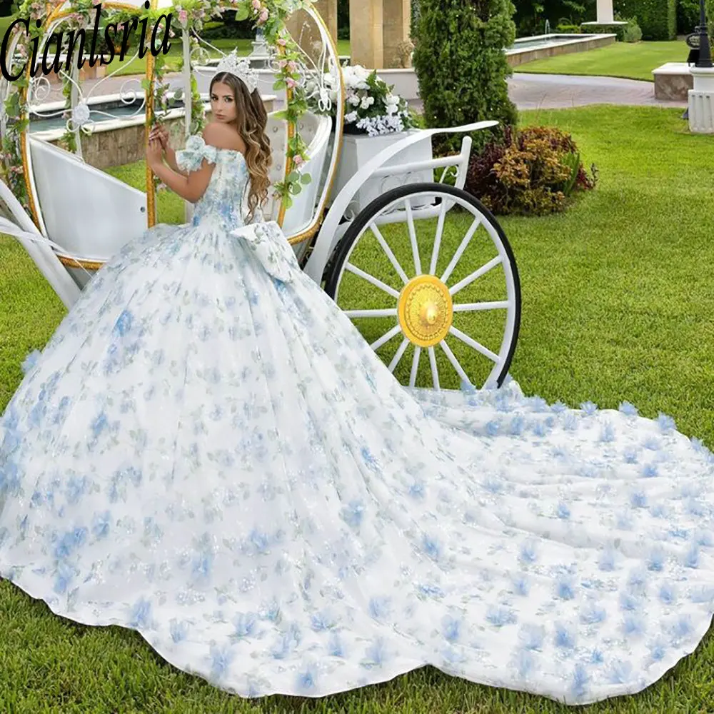 

Luxury Floral Sequined Lace Bow Quinceanera Dresses Ball Gown Off The Shoulder 3D Flowers Sweet 15 Birthday