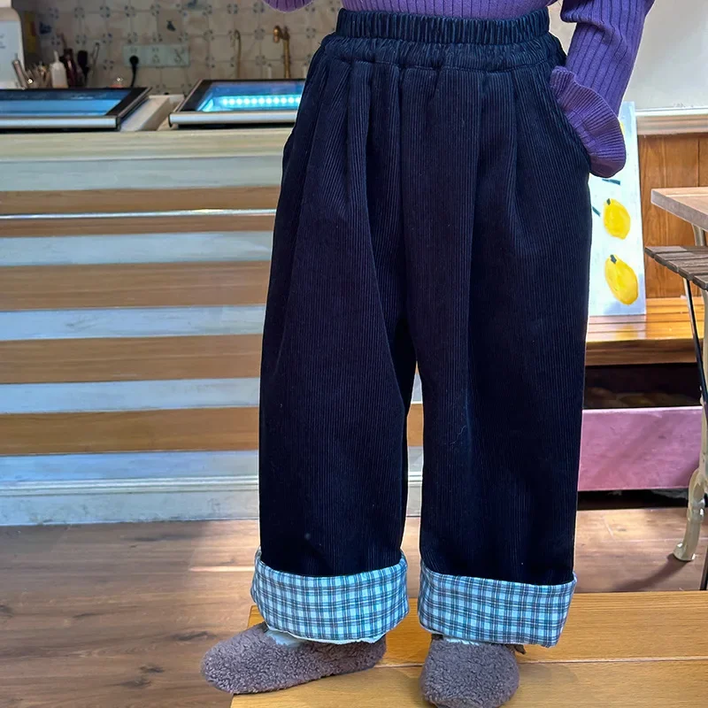 Girls Pants 2024 Winter New Childrens Wear Korean Style Girl Baby Foreign Plaid Rolled Edge Corduvet Pants Casual Simplicity