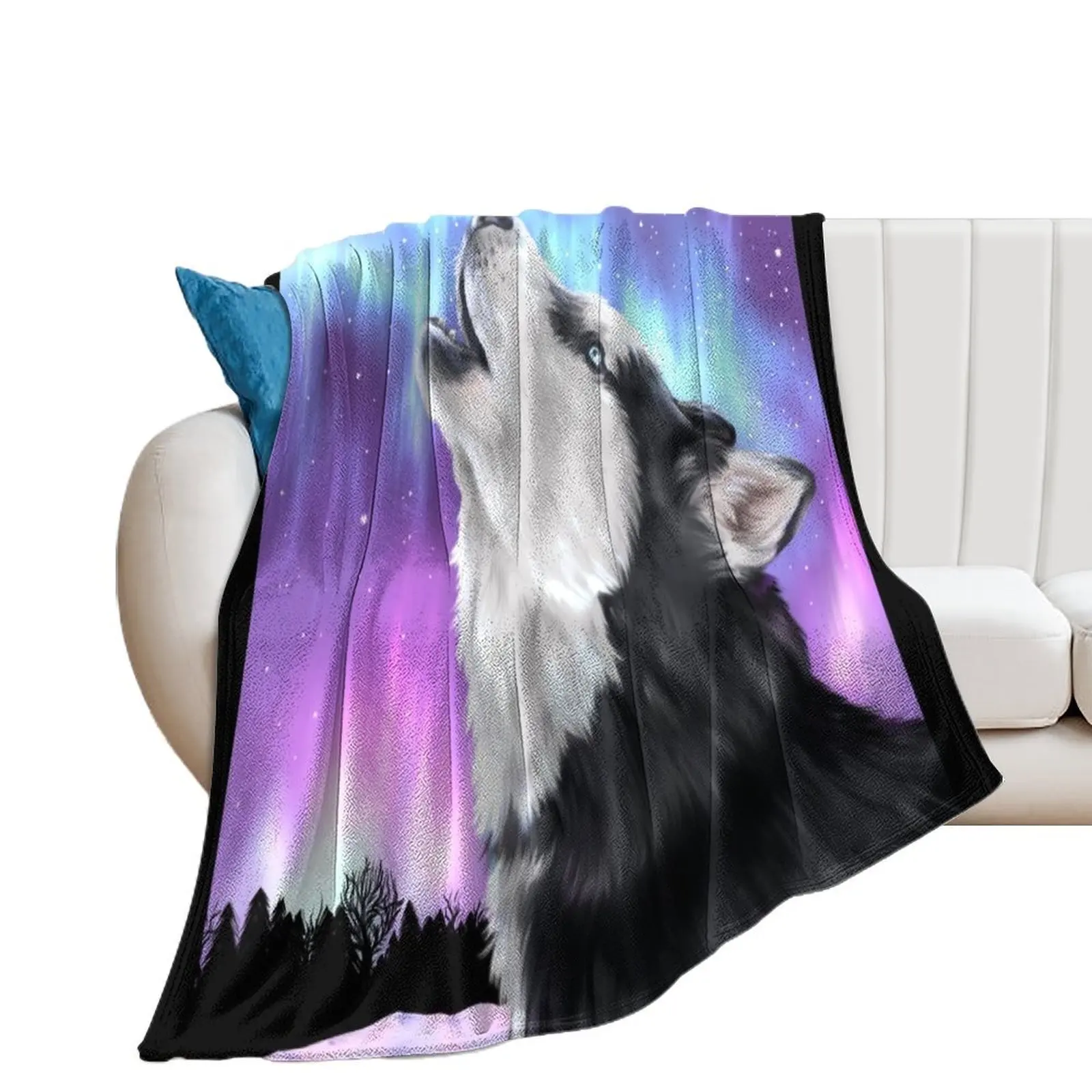 Northern Lights, Howling Husky Siberian Husky Dog Artwork Throw Blanket Moving Hairy Vintage Personalized Gift Blankets