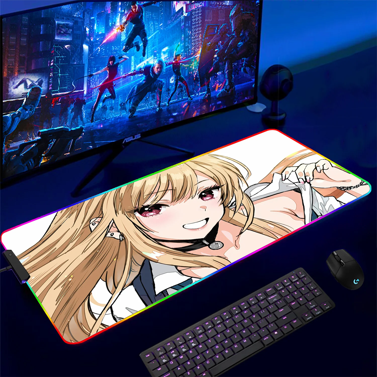 RGB Gamer Keyboard Pad Large Mouse Pad With Marin Kitagawa  Mousepad Anime Pc Accessories Backlit Mat Desk Protector Gaming