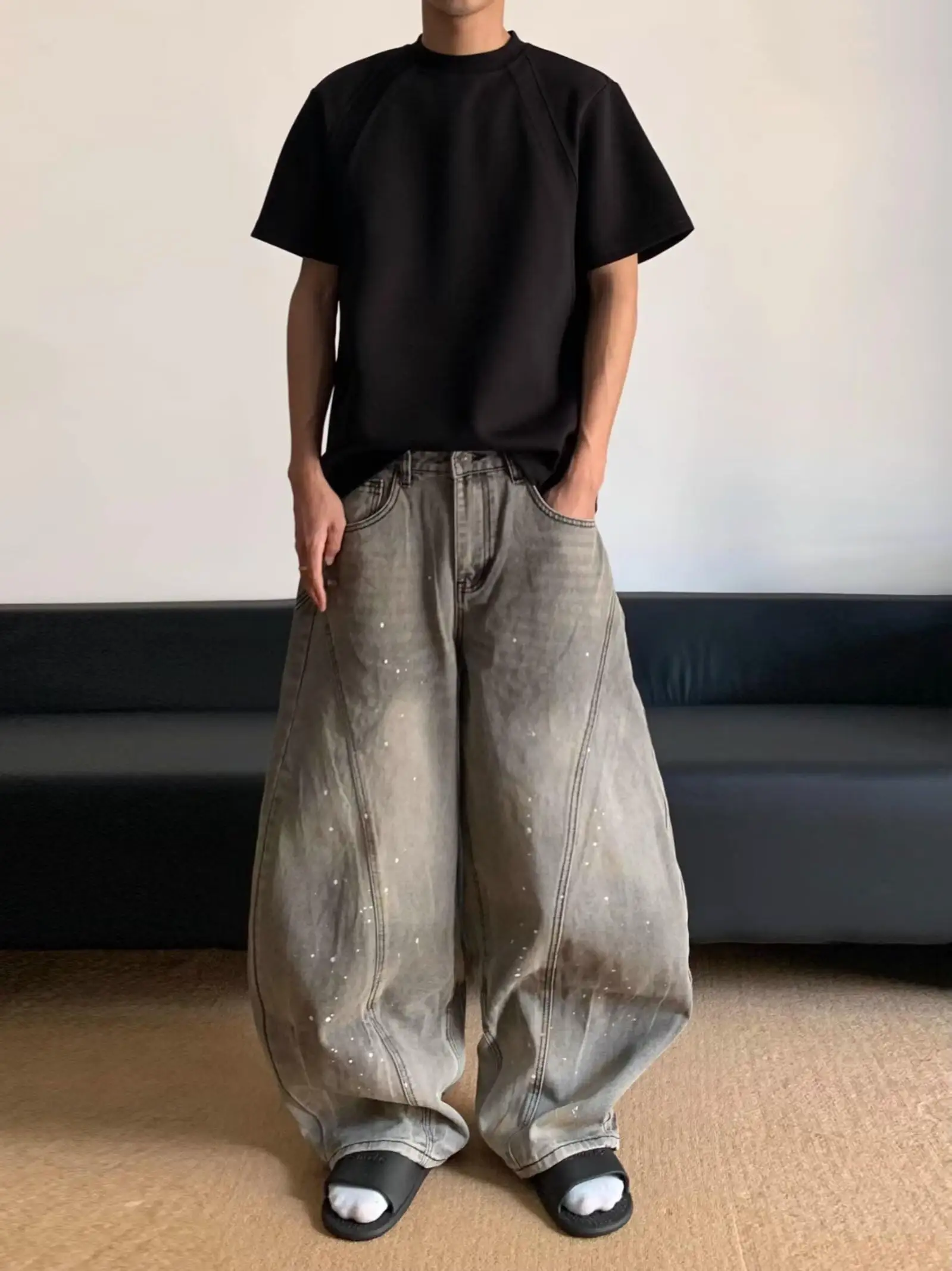 

Retro American Waed e ey Splatter Denim Jeans Men Women Wide Leg Lazy Sle Casual Long Pants Trendy Straight Cut Jeans