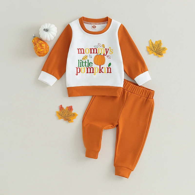 Adorable Baby Girls Boys Halloween Costume Set with Pumpkin Embroidery Sweatshirt and Long Pants for Fall Season