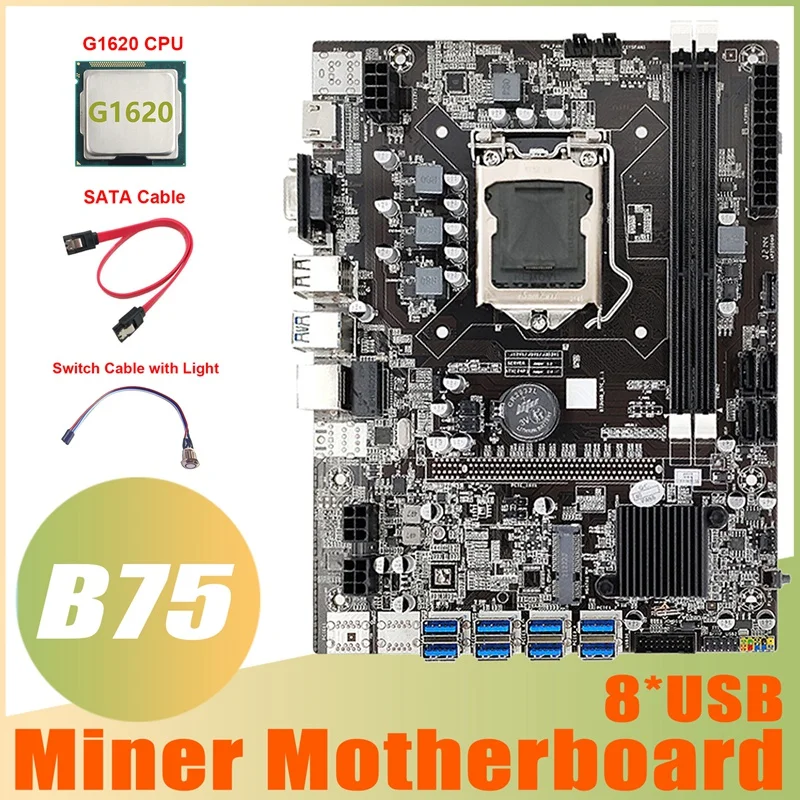 

B75 ETH Mining Motherboard 8XUSB3.0+G1620 CPU+Switch Cable With Light+SATA Cable LGA1155 B75 USB BTC Miner Motherboard