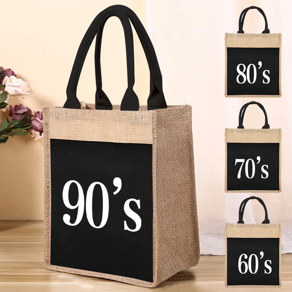 Reusable Linen Shopping Bag Women's Tote Grocery Shopping Bag Years Pattern Print Convenient Picnic Bag Supermarket