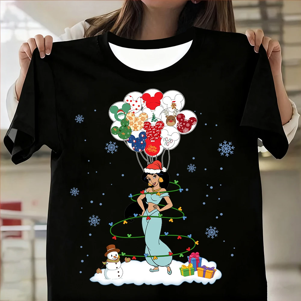

Новые рождественские воздушные шары принцессы Диснея Жасмин с принтом, женская брендовая одежда, футболка большого размера, женские летние модные повседневные топы