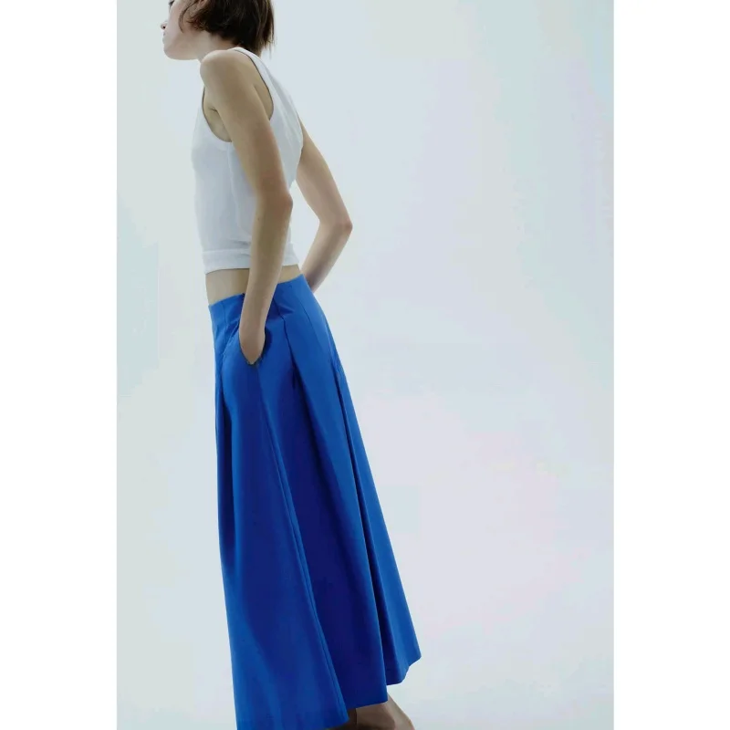 

Summer New Women's Casual Long Folded Midi Skirt Ele Waist Design Polyester Fiber A-Line Skirt Comfortable Fit Sle