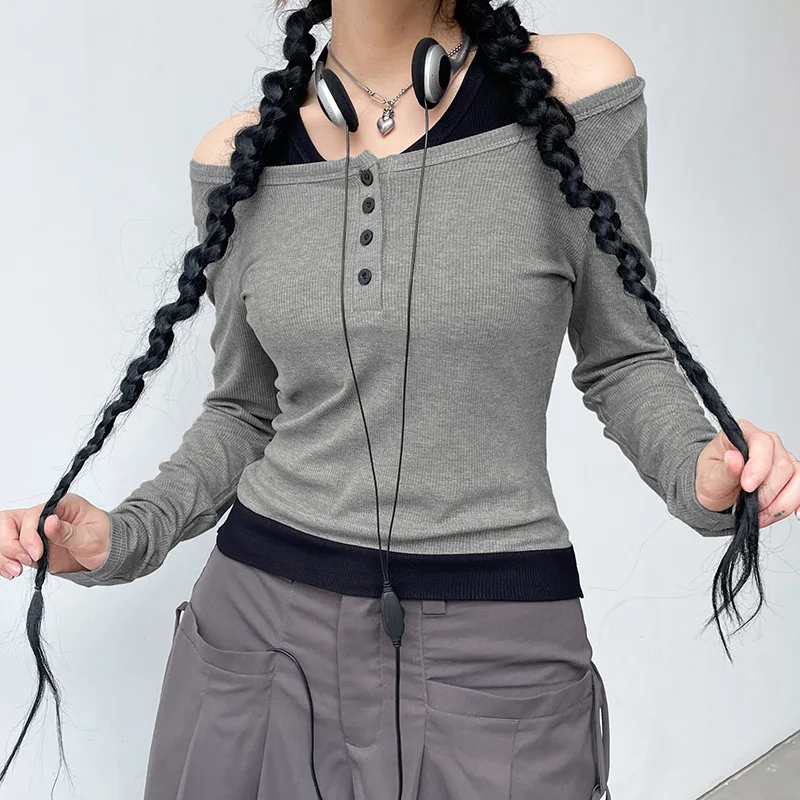 Instagram moda pura dulce falsa hebilla de dos piezas cuello redondo Slim Fit Color sólido Camiseta de punto ropa de mujer