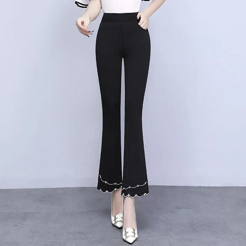 Women's Spring Autumn Solid Embroidered Bright Line Decoration Pockets Casual Speaker Trousers Elegant Fashion Midi Pants