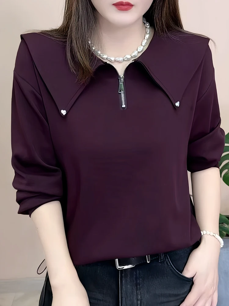 Minceur Long Sve T-irt femmes Faion Design f fermeture éclair automne nouveauté trajet Sle coréen coupe ample couleur Pure