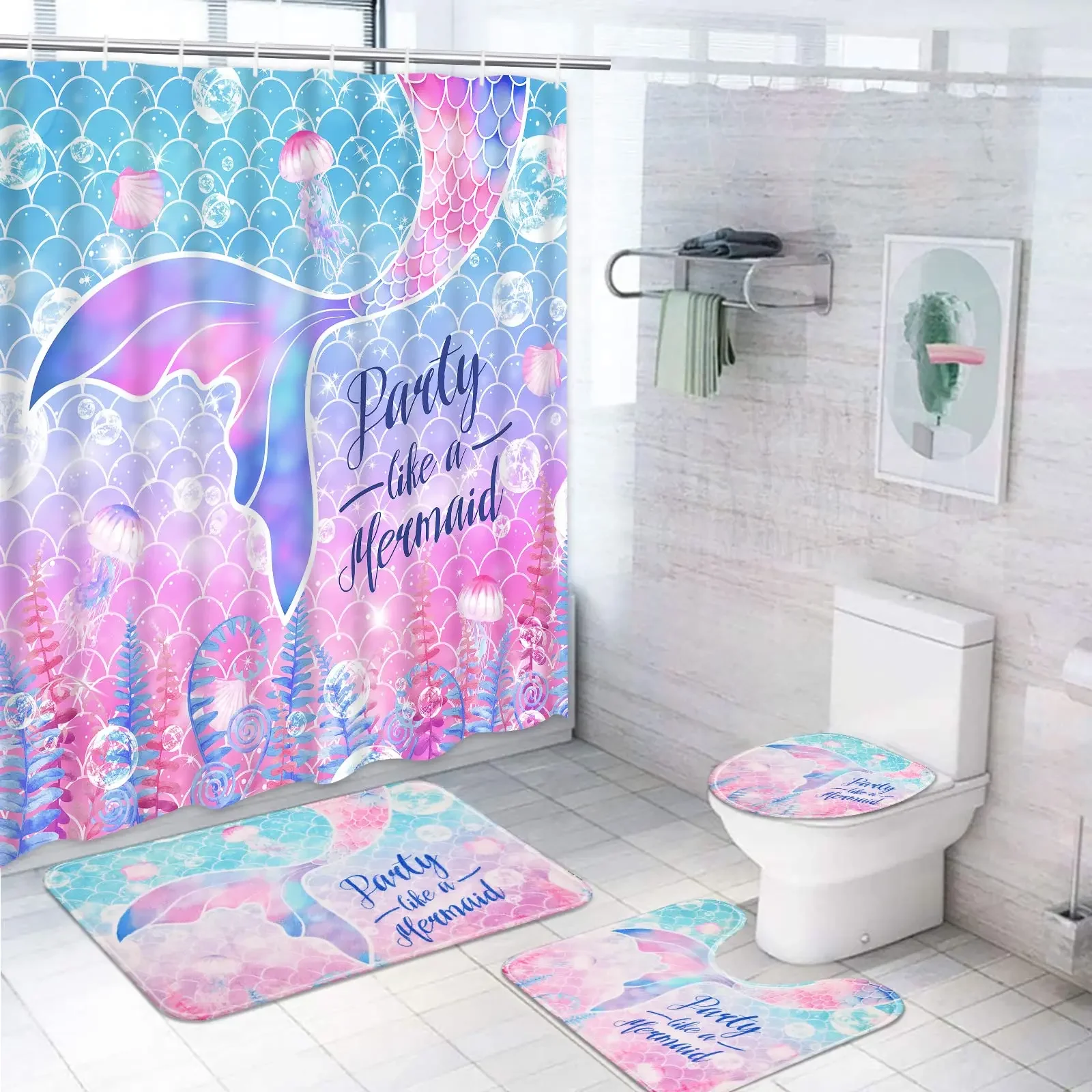 Mermaid Shower Curtain Set with Non-Slip Rugs Toilet Lid Cover Bath Mat Kids Ocean Coral Starfish Bathroom  Curtains