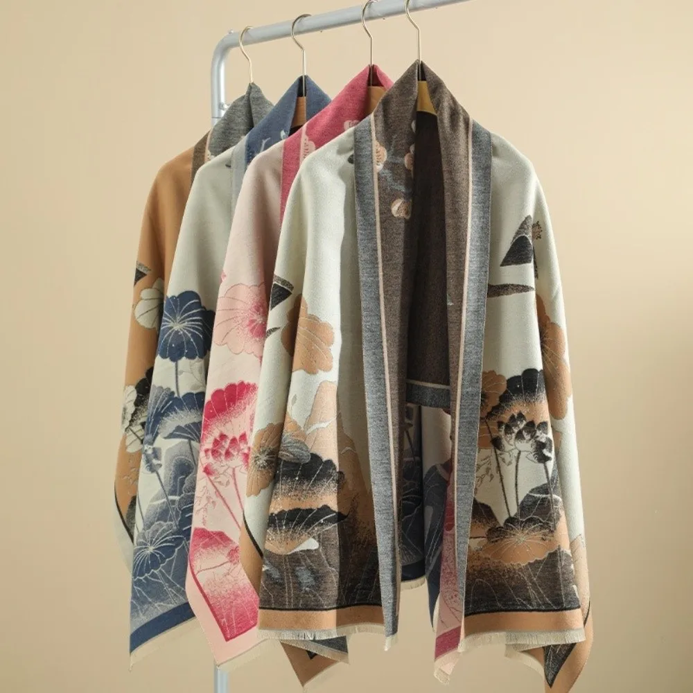 

Chinese Style Imitation Cashmere Scarf Ink Painting Theme Double-sided Pashmina Blanket Windproof Thick Poncho Scarves