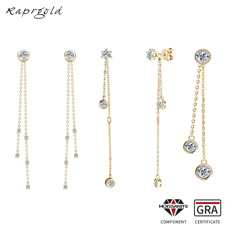 

RAPRGOLD GRA Certified Moissanite Tassel Chain Pendant Stud Earrings For Women 925 Sterling Silver Piercing Earring Jewelry Gift