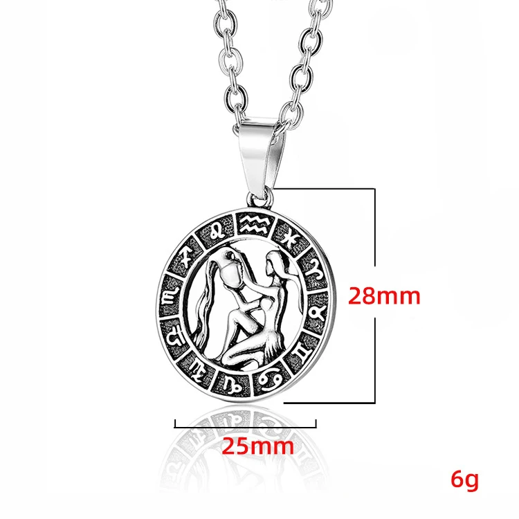 1 Set 12pcs Round Design 12 Zodiac Sign Constellations Horoscope Stainless Steel Pendant Necklace Chains