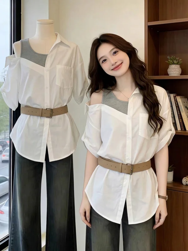 

Shoulder Bared Short Sleeve Shirt for Women plus Size Midi Length Waist Inward Design Korean Style Commute Fashion Casual Shirt