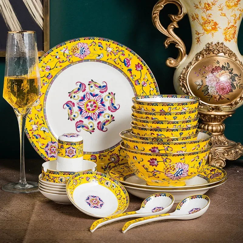 

Enamel Colored Tableware Set Home Gifts Bone China Tableware Bowls and Plates Jingdezhen Tableware