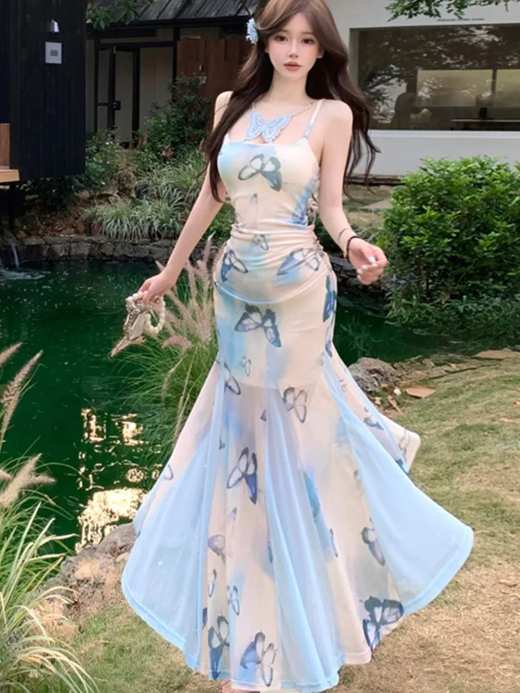 

Women Elegant Blue Floral Mesh Sling Long Dresses Sexy Mermaid Dress Summer New Korean Bodycon Paty Evening Gown Vestidos New
