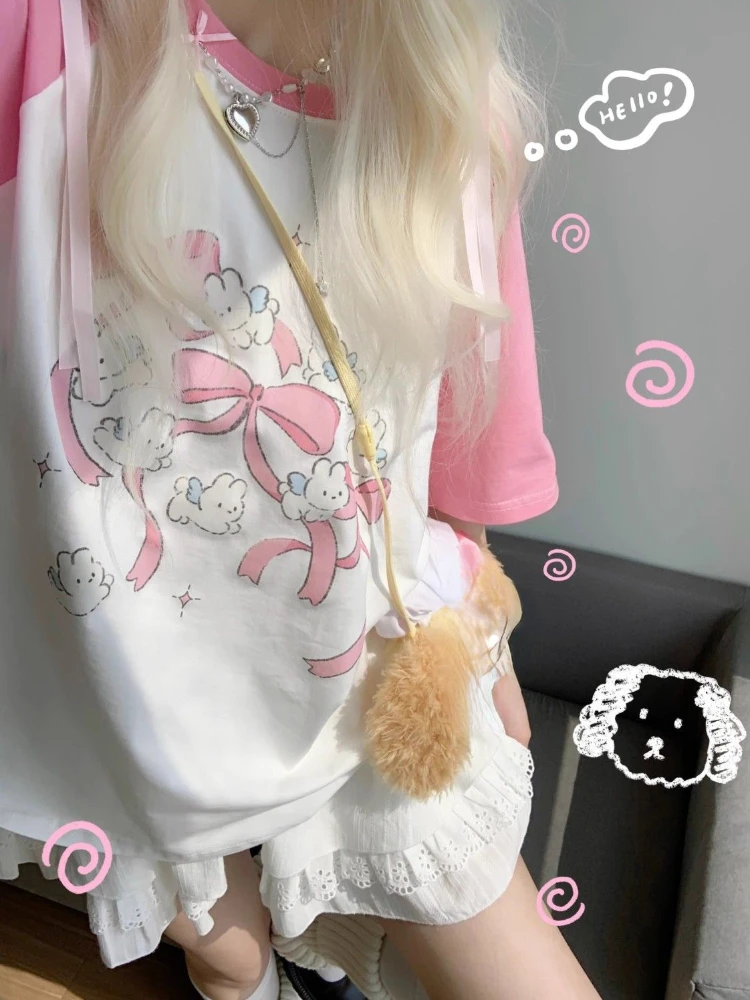 レディースプリントTシャツ,日本の漫画プリントカジュアルTシャツ,y2k美的Tシャツ,素敵な原宿Tシャツ2024