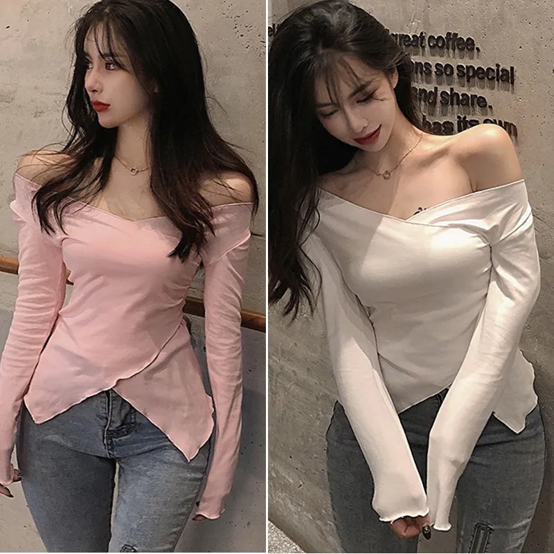 Letnia moda Sexy Slim Fit Korean Edition Solid Split V-neck Seksowna wszechstronna koszulka z długim rękawem