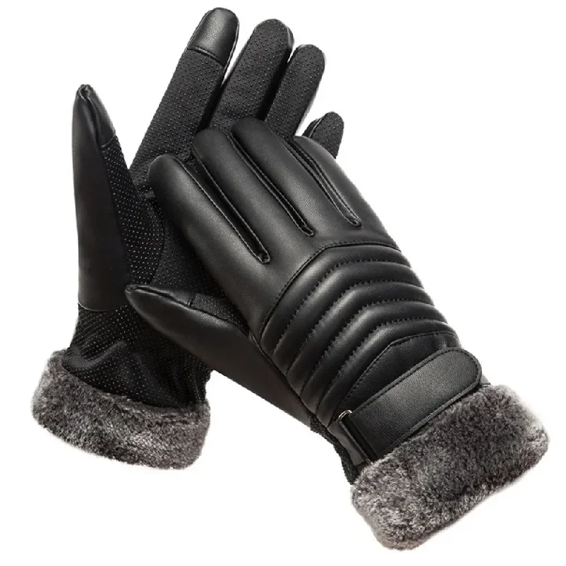 Gloves Winter MEN'S Fur Mouth Plush Insulation Gloves Outdoor Cycling Motorcycle PU Touch Screen Cotton Gloves hot sale 2025 new