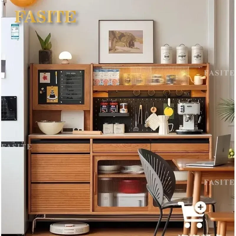 Nordic Solid Wood Cherry Color High Cabinet Japanese Style Integrated Tea Storage Locker Rock Slab Wine Cabinet for Dining