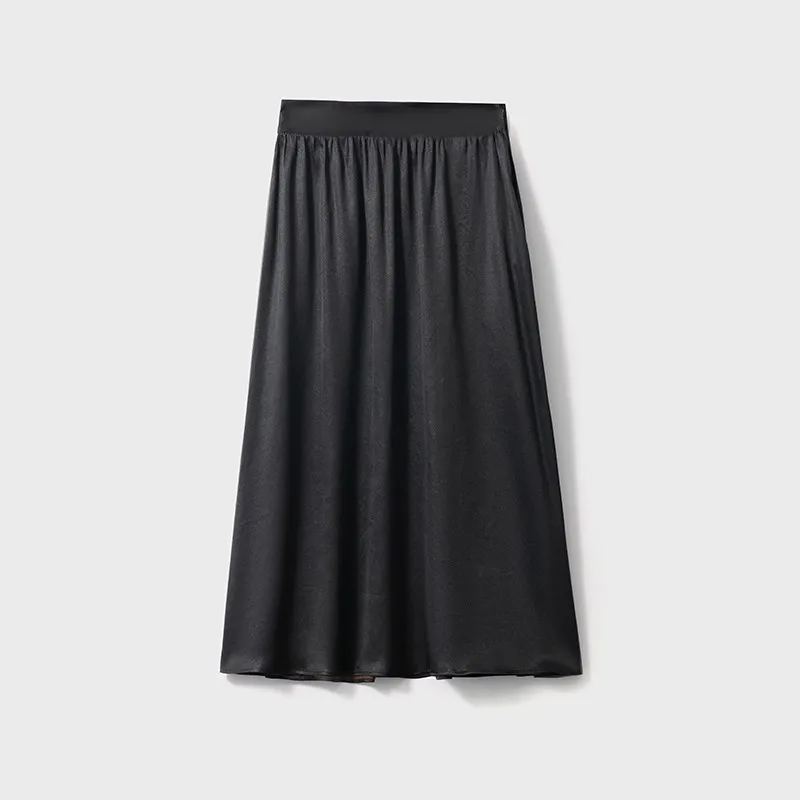 Simple Low Luxury ~ Heavy Non-Heritage Fragrant Cloud Yarn Widened Waist Zipper with Pockets Silk Long A- line Skirt