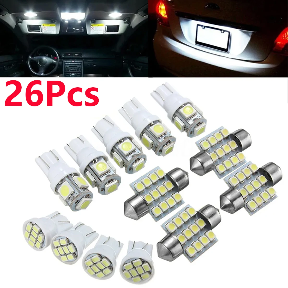 

26Pc Universal Car Interior Lights Parts T10 LED Lights Kit For Dome License Plate Lamp Bulb Car Trunk White Interior Lamp Bulbs