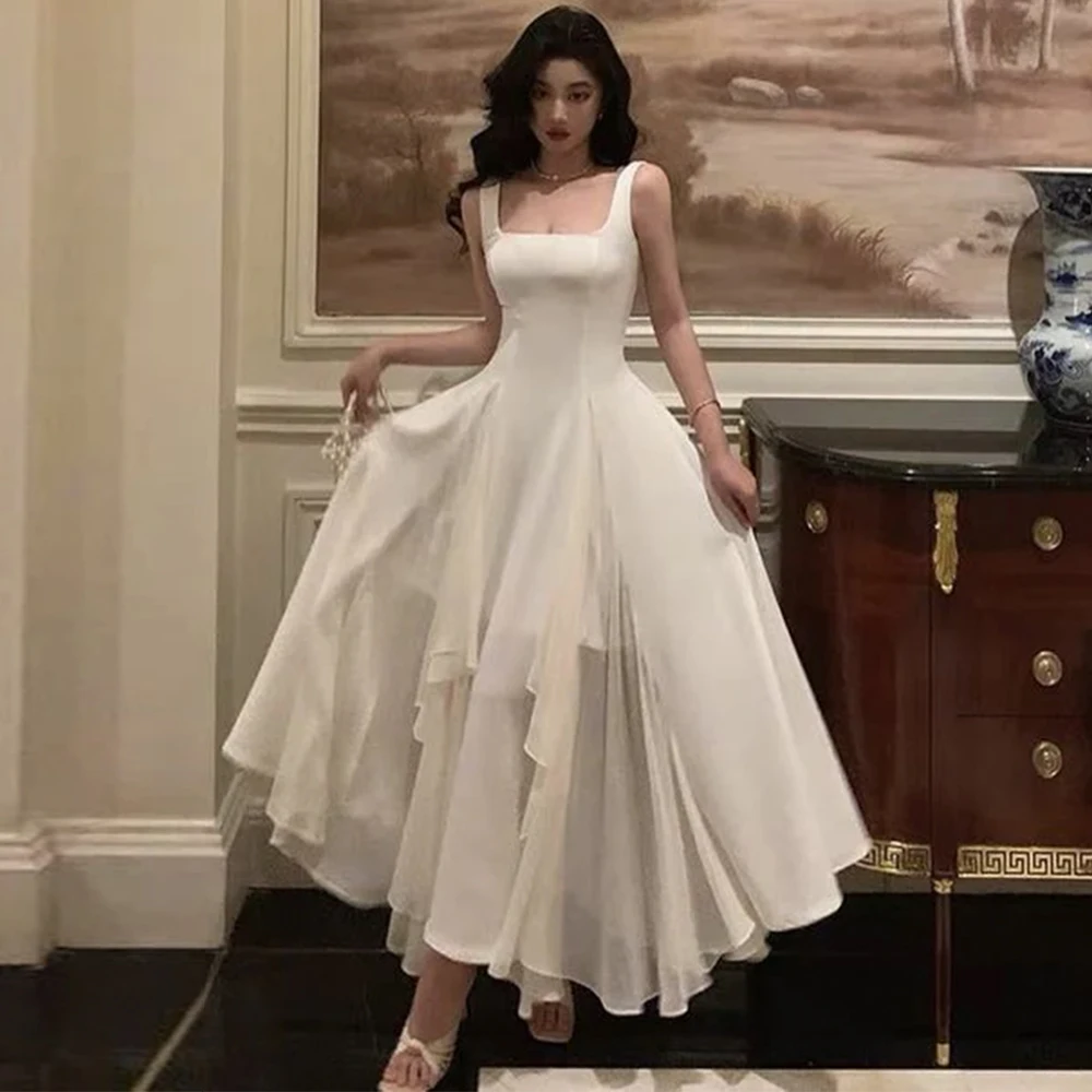 

Шифоновое вечернее платье цвета слоновой кости по индивидуальному заказу со складками и квадратным воротником без рукавов, платья для выпускного вечера, простые вечерние платья на молнии сзади