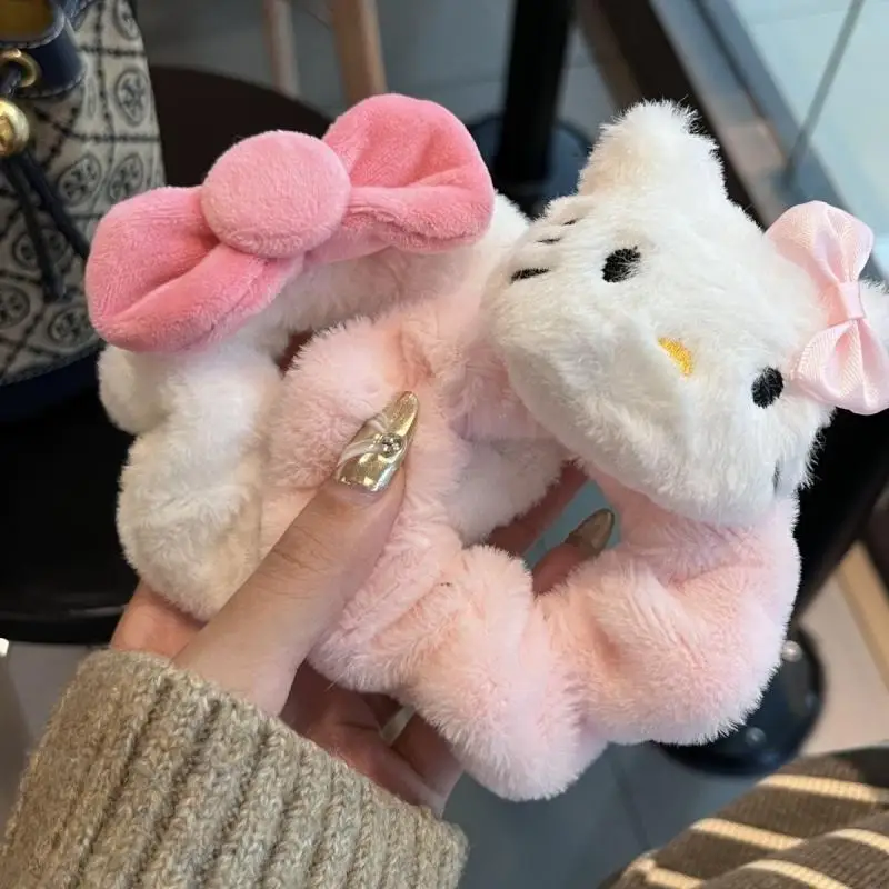 

Cute Sanrio Hello Kitty Plush Hair Loop Cartoon Bow Kt Cat Large Intestine Hair Circle Autumn Winter New Hair Accessories Gifts