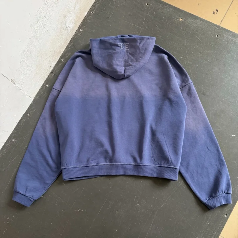 Men Purple Faded Wash Pullover Hoodie California Script Letter Kangaroo Pocket sweatshirts