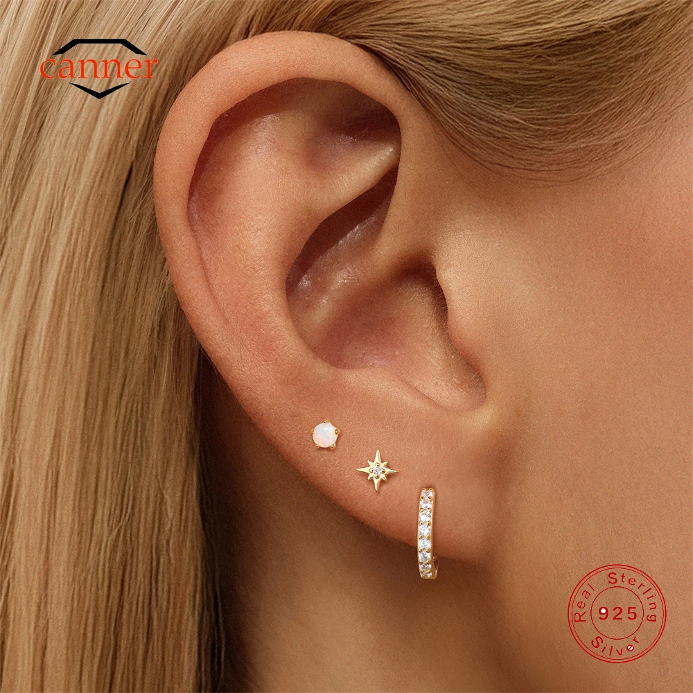 CANNER 3PCS Set 925 Sterling Silver Eight Point Star CZ Classic Earrings For Women Ins Opal Stud Earring Fine Jewelry Party Gift