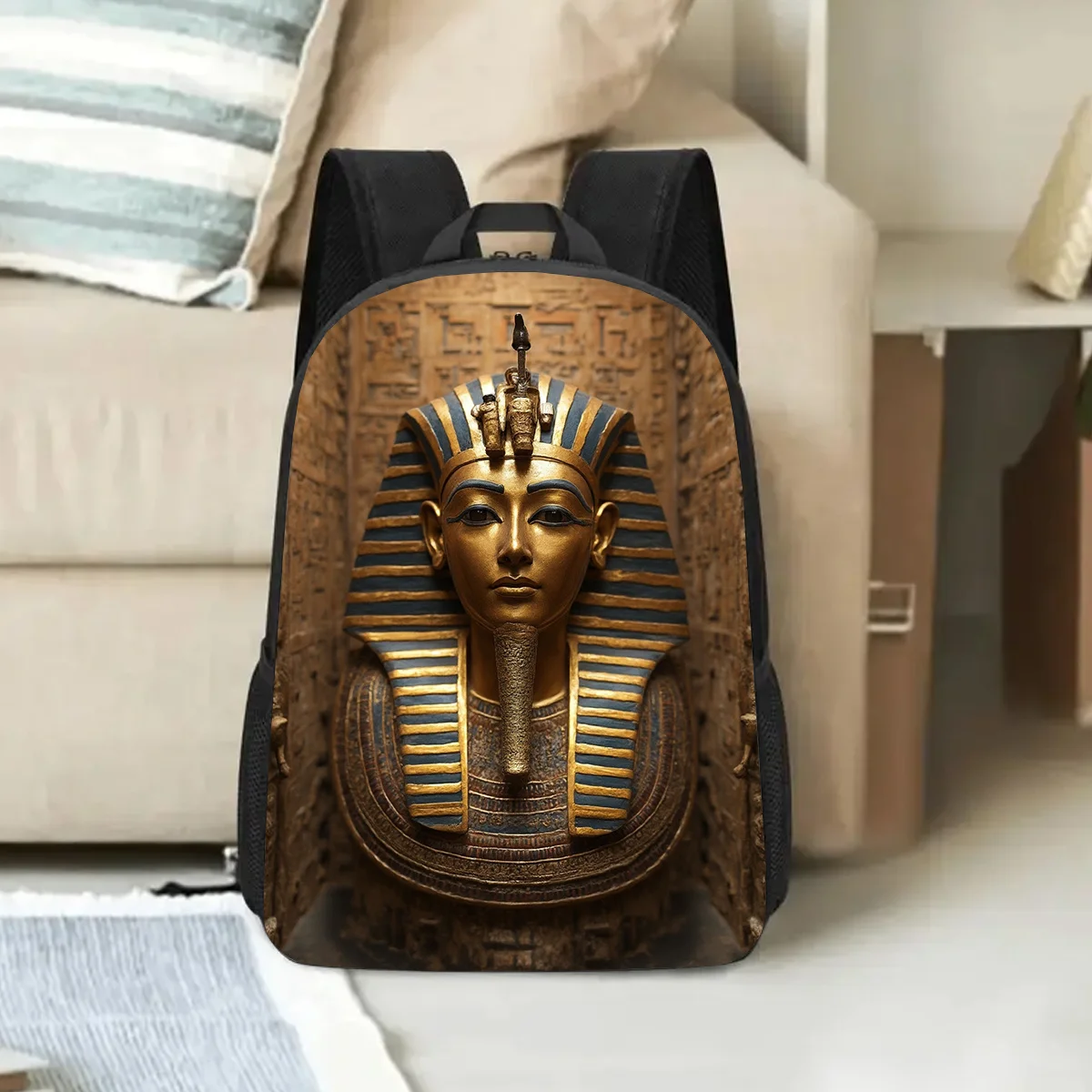 

Egyptian pharaoh mask backpack, large-capacity 17-inch casual backpack notebook bag with water bottle holder