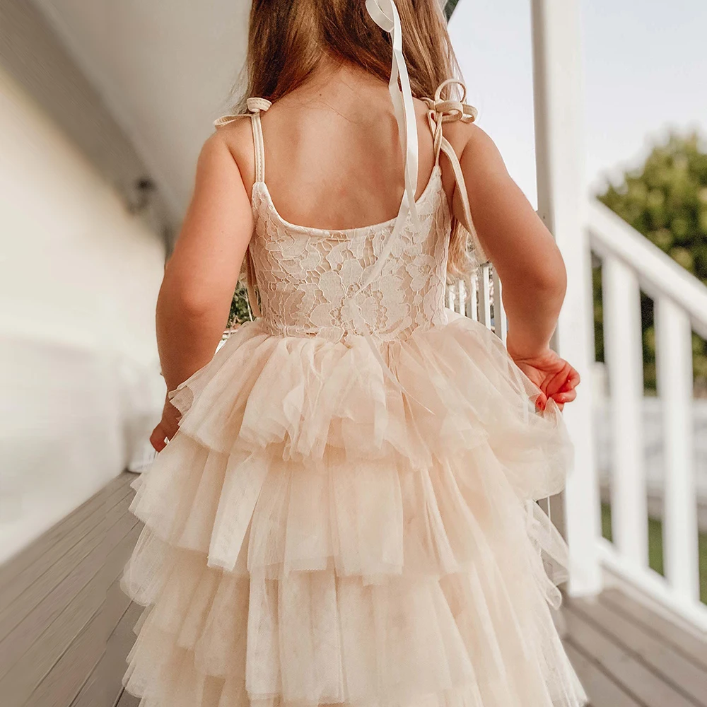 New Summer Dress for Girls Kid Sling Beach Layer Tulle Dress Princess Birthday Party Gown 3-10Y Children Clothes Elegant Dresses