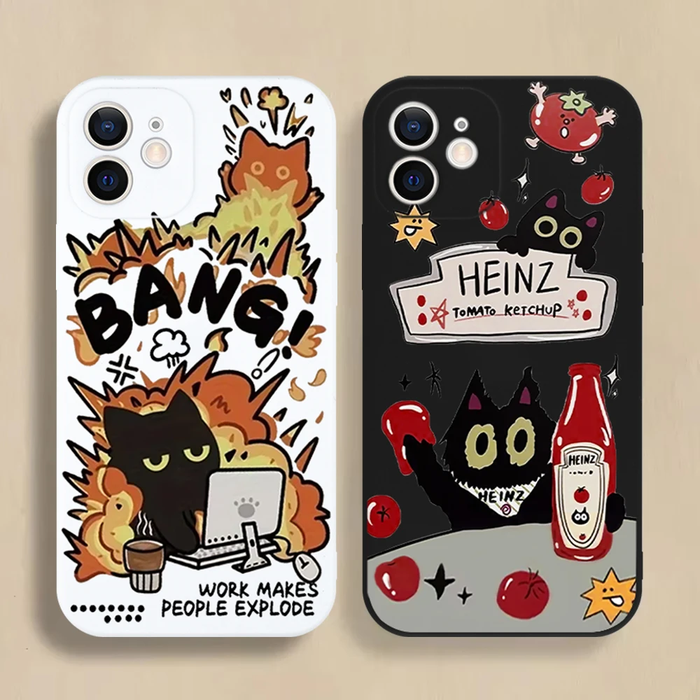 Funny Tomato Sauce Black Cat Phone Case For iPhone 16 15 14 13 12 11 Pro Max Mini X XS SE4 7 8 Plus 16E Shockproof Soft Cover