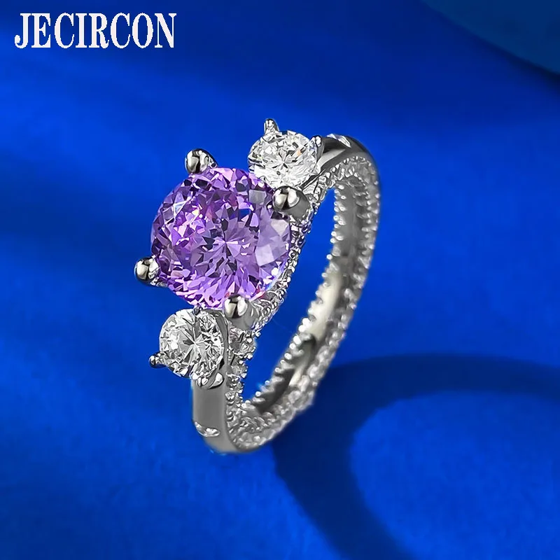 

JECIRCON S925 Sterling Silver Ring Fashion Gold Warrior Sweet Cool Purple 8.0mm Firework Cut High Carbon Diamond Versatile Ring