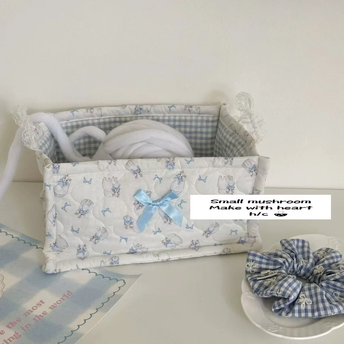 

Милая круглая корзина для хранения с бантом, органайзер для дома, коробка для хранения с тонкой строчкой, настольный контейнер для хранения, без фирменной маркировки