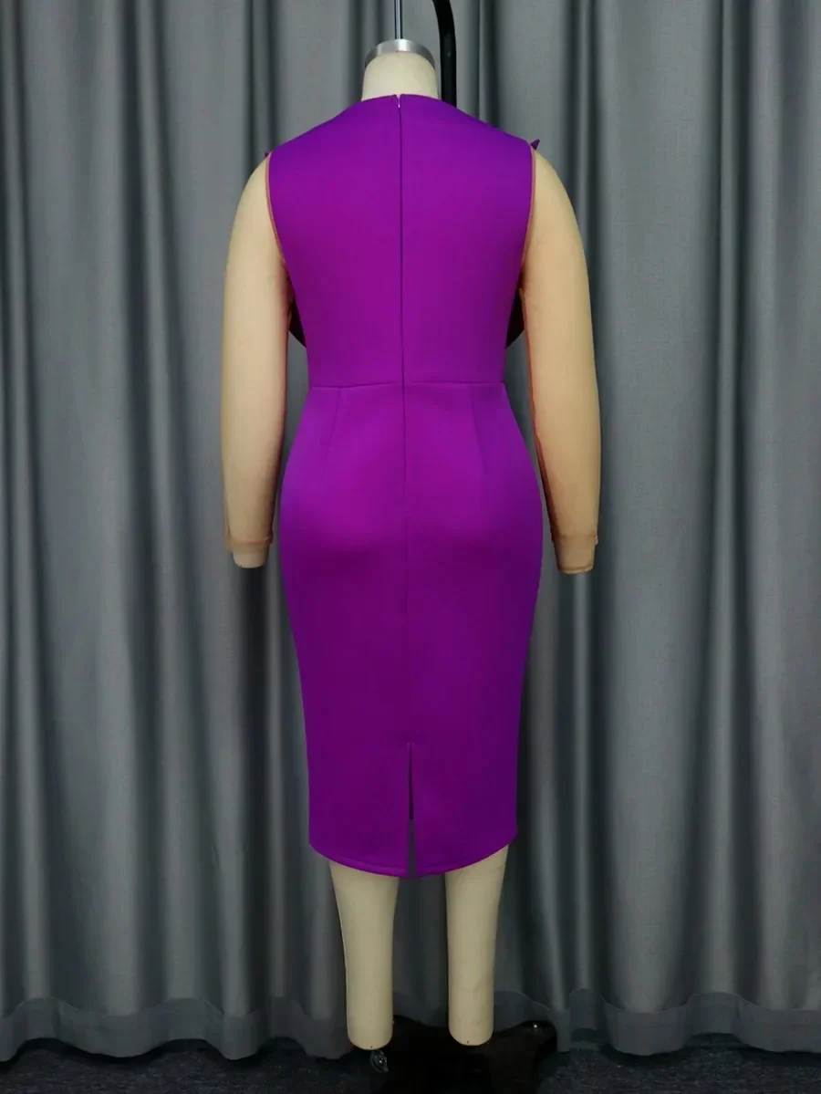 Luxury Purple Dresses for Woman O Neck Full Sleeve Transparent Sheath Package Hips Mid Calf High Quality Vestidos Mujer Dress