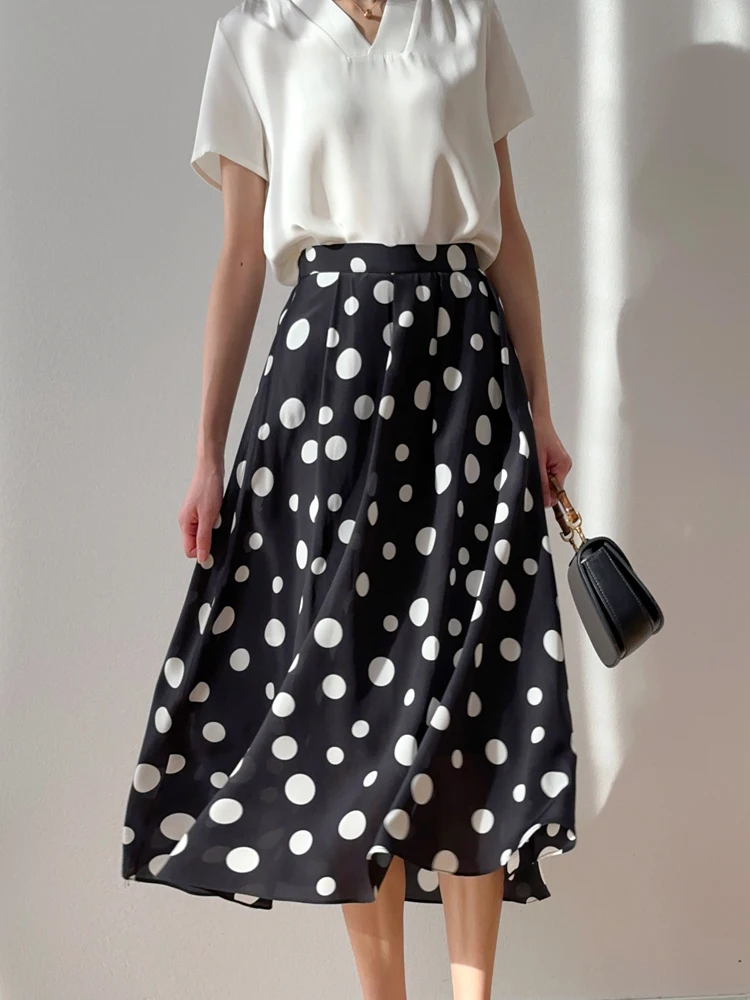 Women's Fashion Clothing 100% Natural Mulberry Silk 03Double Crepe Classic Hepburn Style Elastic Waist Flowing Large Swing Skirt