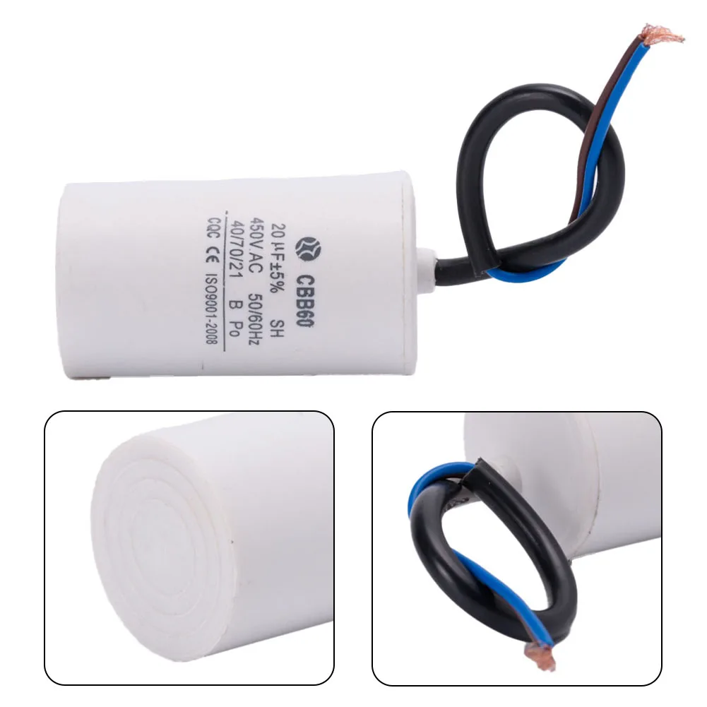 CBB60 Run Capacitor Run Round Capacitor W/Wire Lead White 20uf 40*73mm 40/70/21 450V AC 50 / 60Hz 100% Brand New