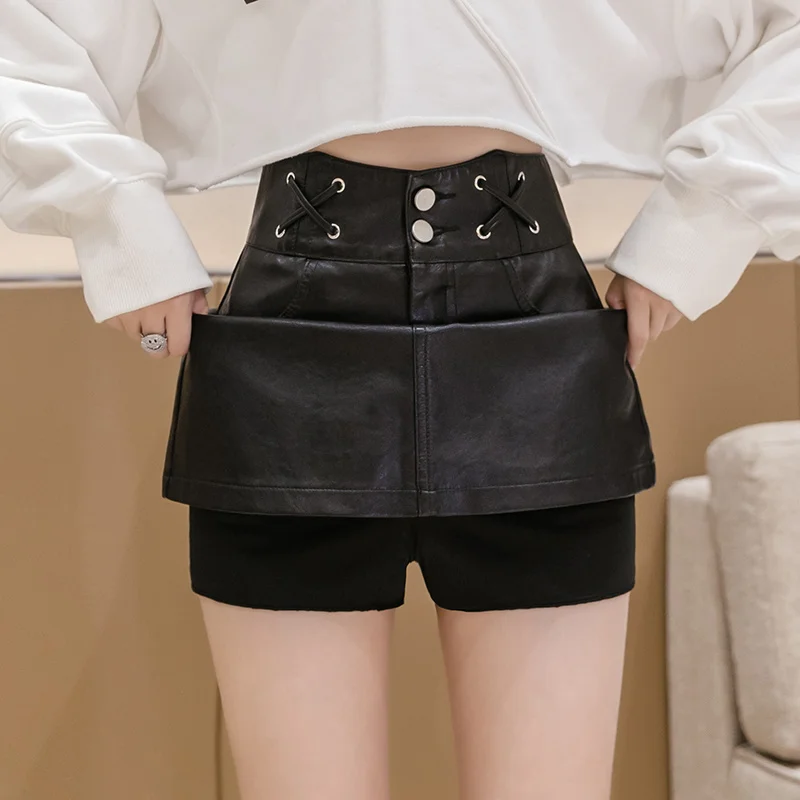 Fashion skinny leather shorts women clothing plus size 2xl women's black high waist shorts 2023 new spring tight short pants